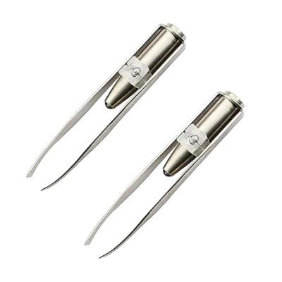 2Pcs Silver Creative Led Light Eyelash Eyebrow Hair Removal Stainless Steel Make Up Tweezer and Practicality, Hair Removal Tweezers,Women's 8.8x0.8x1.6cm