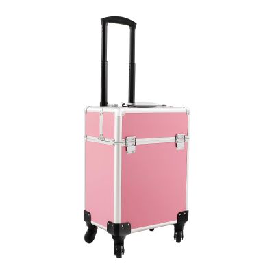 KHROOLT Rolling Makeup Train Case, Large Aluminum Alloy Cosmetic Trolley Case with Wheels & Retractable Handle, Lockable Storage for Makeup Artists, Lash Techs, Travel, Pink