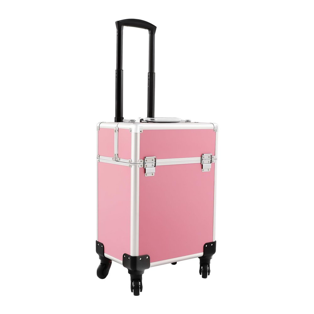 KHROOLT Rolling Makeup Train Case, Large Aluminum Alloy Cosmetic Trolley Case with Wheels & Retractable Handle, Lockable Storage for Makeup Artists, Lash Techs, Travel, Pink