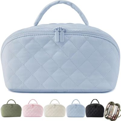 2026 New Petition Makeup Bag For Woman, 180Wide Open Lay-Flat Water-Resistant Cosmetic Case, Puffy Padded Organizer With Compartments Travel Essentials For Toiletries & Brushes (Blue)