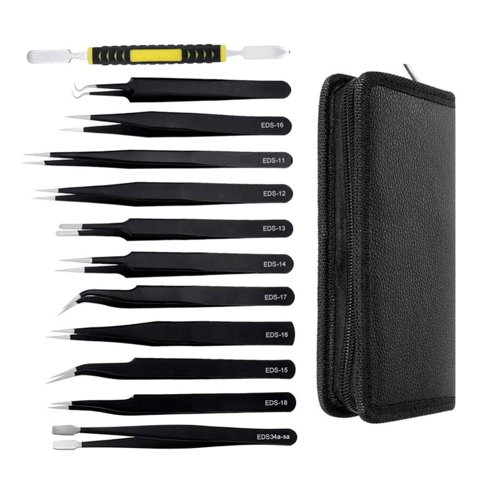 EWUROI Tweezers Tools Kit Anti-static Stainless Steel Multi-standard with Storage Bag
