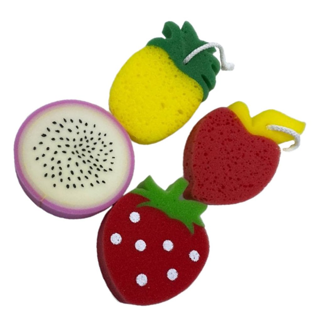 ABOOFAN 4pcs Fruit Shape Bath Sponge Soft Body Scrubber for Gentle Skin Massage Dead Skin Removal Fun Shower Accessories
