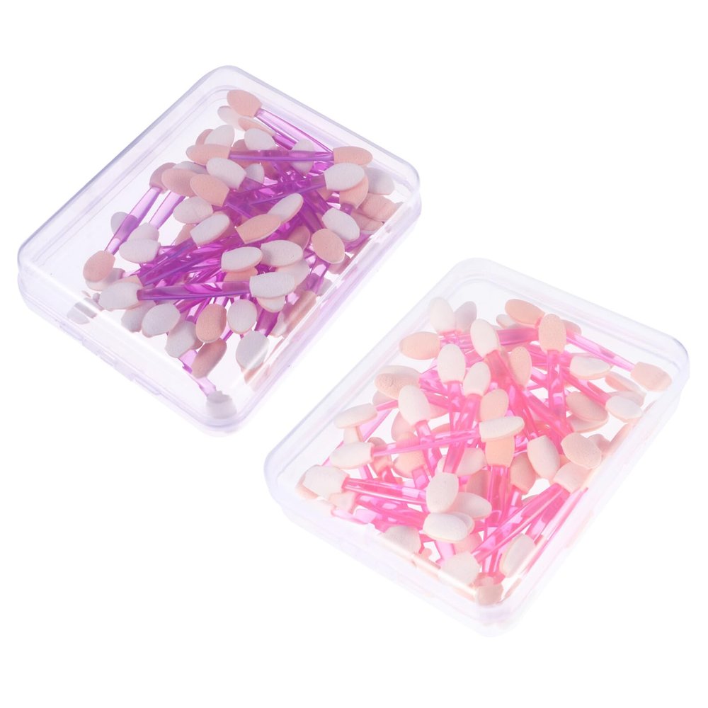 ABOOFAN 100pcs Double-ended Eye Shadow Applicators Non-latex Sponge Tips Soft Cosmetic Makeup Brushes for Travel Parties Daily Use with Pink Purple Handles in Rectangular Boxes