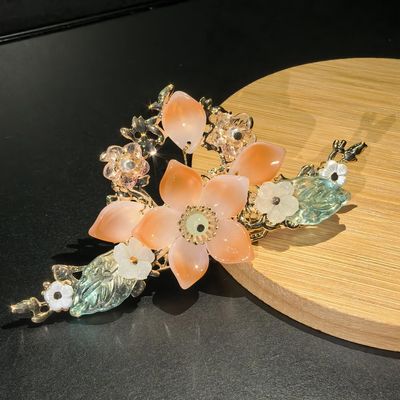 1pcs Cayyoomm Pink Peach Blossom Strand Hairpin with Green Accents - Chinese Spring Floral Hair Accessory, Romantic Hair Stick for Women, Vintage Inspired Hair Jewelry (Peach Blossom)