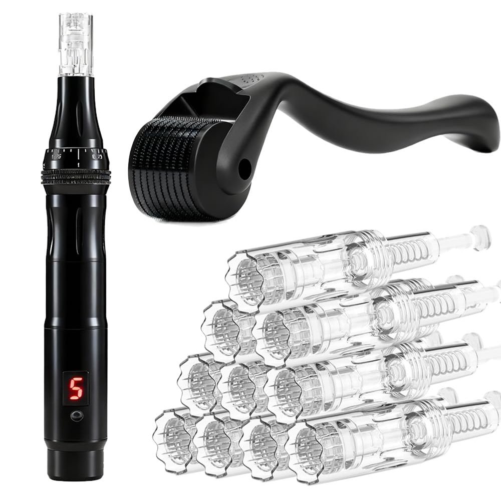 2IN1 Face Derma Rmaroller Rmapen +12Parts Titanium Facial Skin Face Body for Men Women Cosmetic Beauty Instrument (Black 2)