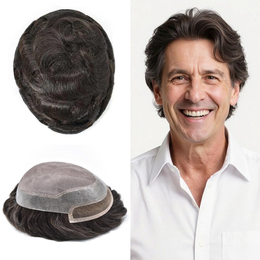 LYRICAL HAIR Mens Toupee Hair Piece System Replacement for Men Fine Mono Lace Front Mens Hairpiece Durable Poly Skin PU Around Hair Unit Wig for Men 7"X9" #210 Darkest Brown+10% Gray-120% Density
