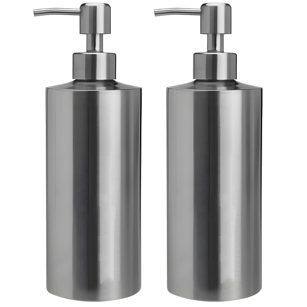 Sacolin 2 Large 18.6 Fl Oz/550 Ml 304 Dispensers Steel Stainless, Liquid Refillable Pump Bottles, For Countertop Bathroom Kitchen, Modern Silver Brushed Cylindrical Design