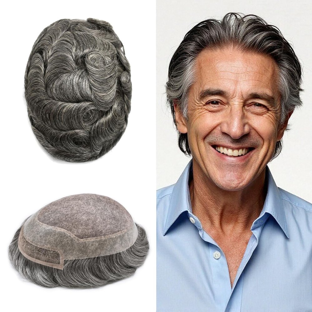 LYRICAL HAIR Mens Toupee Hair Piece System Replacement for Men Fine Mono Lace Front Mens Hairpiece Durable Poly Skin PU Around Hair Unit Wig for Men 8"X10" #1B60 Off Black+60% Gray-120% Density
