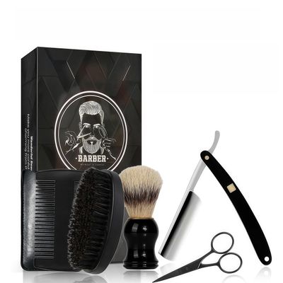 MenGate Straight Edge Razor Shaving Kit, Including Steel Shaver & Shaving Brush & Wooden Beard Comb & Brush, Beard Grooming Scissors, Idea Gift for Christmas, Birthday, Father for Men