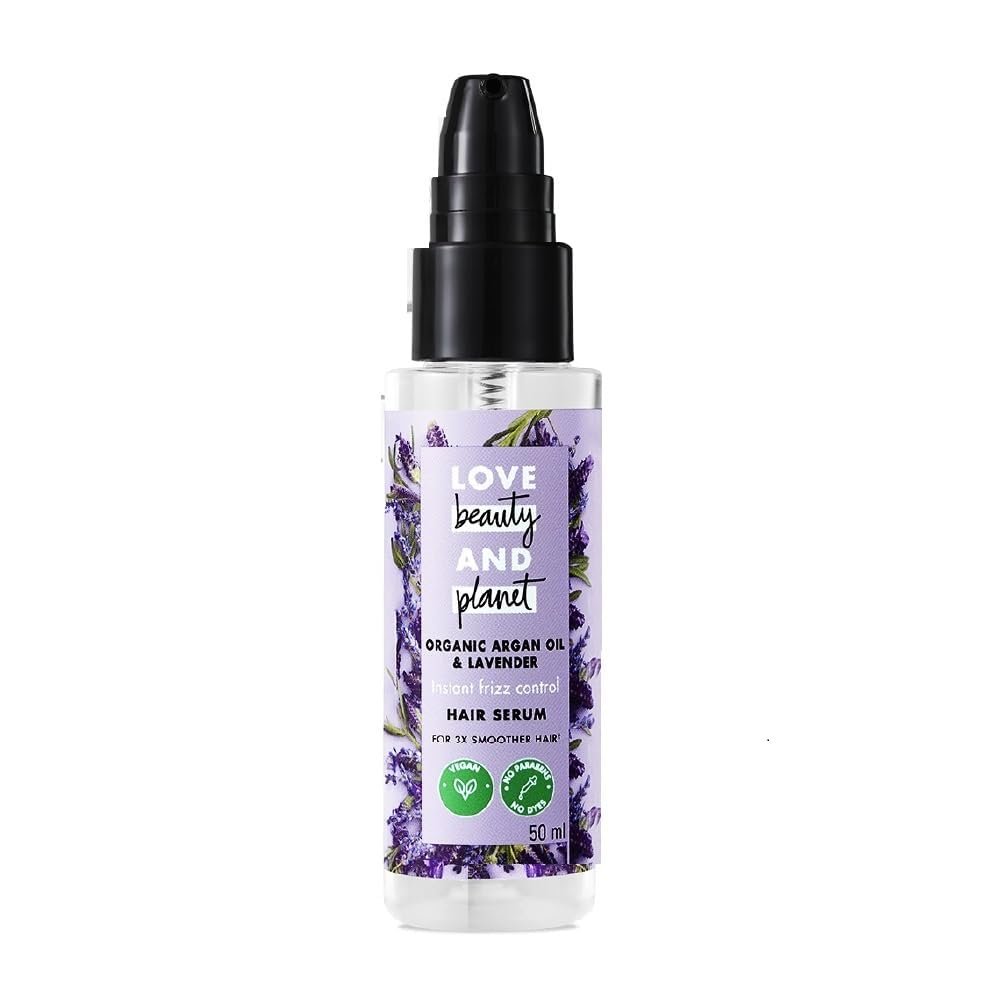 L'ove. B'eaut.y and P'lane.t Organic Argan Oil & Lavender Hair Serum, Radiant Frizz Control, Vegan Formula, 50ml