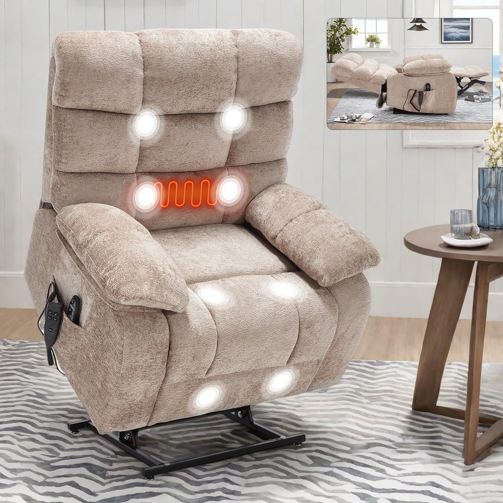 Lift Recliner Chair Heat Massage Dual Motor Infinite Position Up to 350 LBS Large Electric Power Lift Recliners with Power-Remote, Medium-Firm and Heavy Duty, Beige