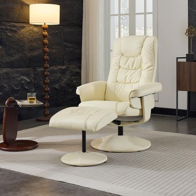 015-Recliner Chair with Ottoman - 360 Swivel Massage Lounge Chair with 5-Point Vibration & Heated Seat, 140 Adjustable PU Leather Recliner for Living Room, Home Theater or Office, Beige