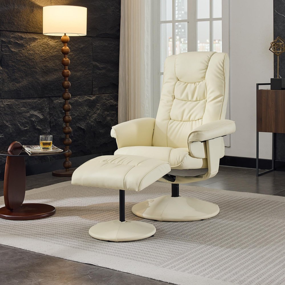 015-Recliner Chair with Ottoman - 360 Swivel Massage Lounge Chair with 5-Point Vibration & Heated Seat, 140 Adjustable PU Leather Recliner for Living Room, Home Theater or Office, Beige