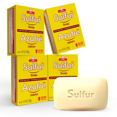 Grisi Sulfur Soap for Acne Treatment, 10% Sulfur Formula, Deep Cleansing Bar for Breakouts and Blackheads, 4.4 oz, 4-Pack