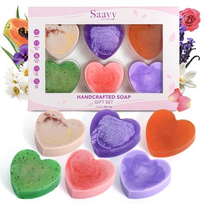 Saavy Naturals Mini Heart Shaped Soap Gift Set (6-Pack) Plant-Based Moisturizing Artisan Bars for Hydrating & Purifying Self-Care Romantic Spa Kit for Men & Women Perfect Mothers Day Gifts