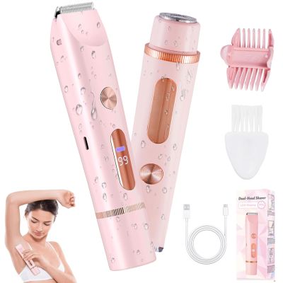 2 in 1 Bikini Trimmer for Women, Dual Head Electric Shaver with LED Display, IPX7 Waterproof Body Pubic Hair Trimmer Rechargeable Womens Electric Razor for Armpit Leg Body Facial Wet & Dry Use