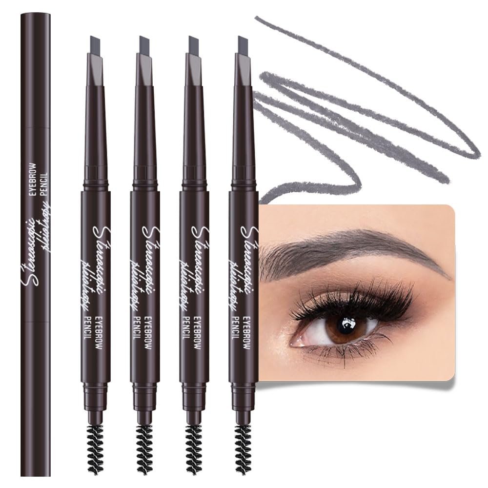 4 Packs Retractable Eyebrow Pencils for Women, Waterproof Ash Gray Eye Brow Pen with Brush for Eye Makeup, Dual-Sided Soft Ultimate Definer Sticks, Fine Tip lapiz de cejas