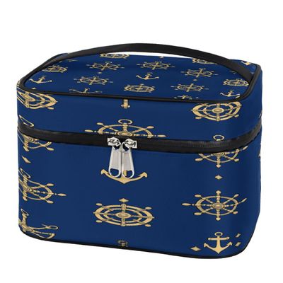 YPPAHHHH Marine Anchor Rudder Dark Blue Makeup Bag for Women Girls Large Cosmetic Organizer Bags with Brush Holder Waterproof Leather Travel Toiletry Storage Bag Gift
