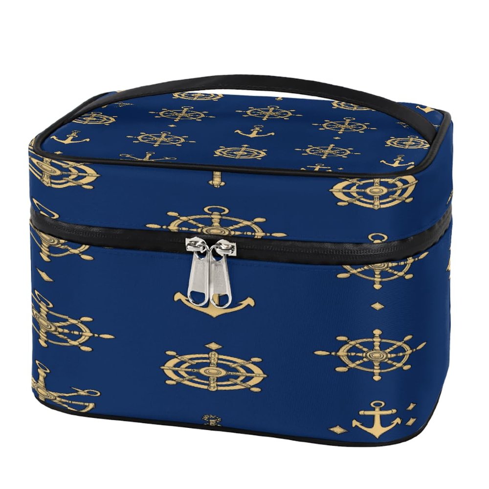YPPAHHHH Marine Anchor Rudder Dark Blue Makeup Bag for Women Girls Large Cosmetic Organizer Bags with Brush Holder Waterproof Leather Travel Toiletry Storage Bag Gift