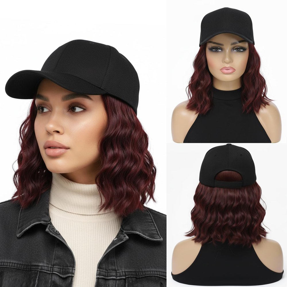 Yunkang Hat Wig Baseball Cap with 12" Short Burgundy Synthetic Curly Wavy Hair Extension Attached for Women Adjustable Shoulder Length Wigs for Daily Party Outdoor Use