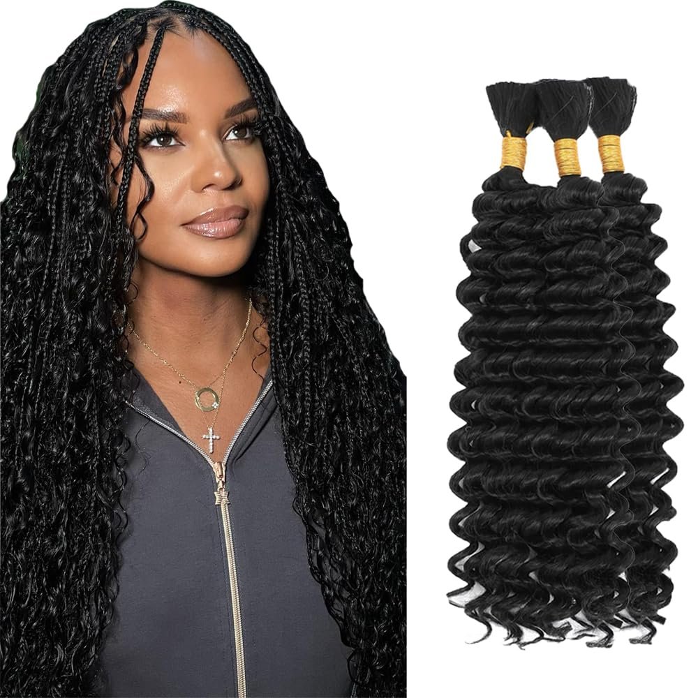 #1B Natural Black Human Braiding Hair for Boho Braids 28 28 28 Inch #1B Black Deep Wave Bulk Human Hair Knotless Boho Braiding Curly Virgin Hair Extensions 150g 3 Bundles/Pack