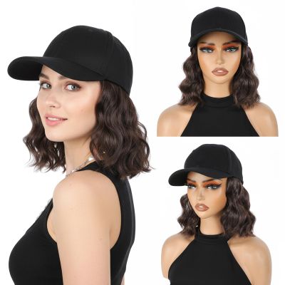 Yunkang Hat Wig Baseball Cap with 12" Short Brown Color Synthetic Curly Wavy Hair Extension Attached for Women Adjustable Shoulder Length Wave Wigs for Daily Party Outdoor Use