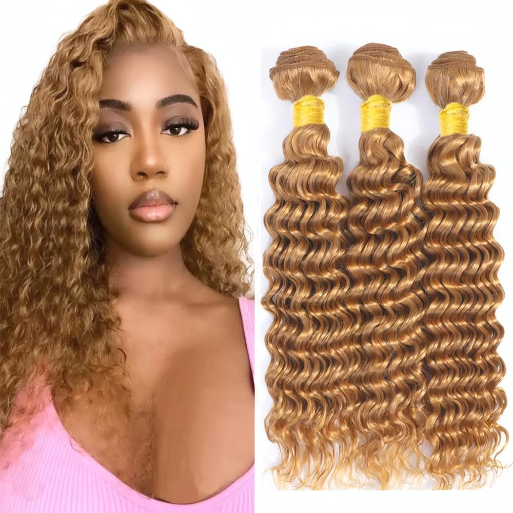LOIUMGUU Honey Blonde Bundles Color #27 Deep Wave Human Hair Bundles 22 24 26 Inch Brazilian Unprocessed Virgin Hair Blonde Hair Extensions Minimum Tangle And Shedding