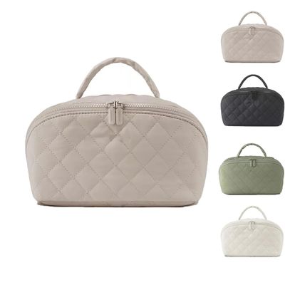 2026 New Travel Makeup Bag For Woman - Wide Open Lay-Flat Water-Resistant Cosmetic Case Lay Flat Makeup Bag With Compartments & Handle(Khaki)