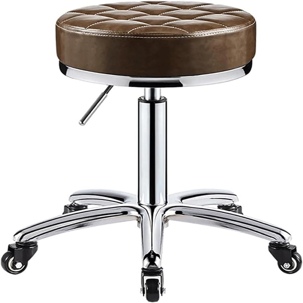 Adjustable Height Round Rolling Stool - 5 Wheels, PU Leather, Swivel Office Chair