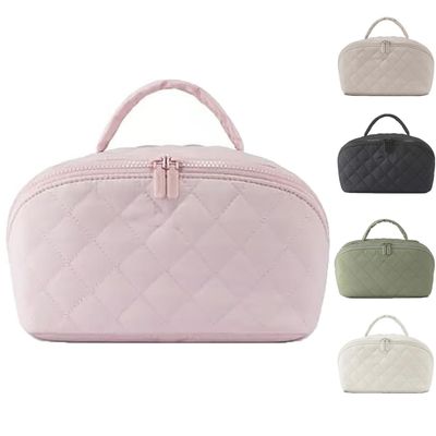 2026 New Travel Makeup Bag For Woman - Wide Open Lay-Flat Water-Resistant Cosmetic Case Lay Flat Makeup Bag With Compartments & Handle(Pink)