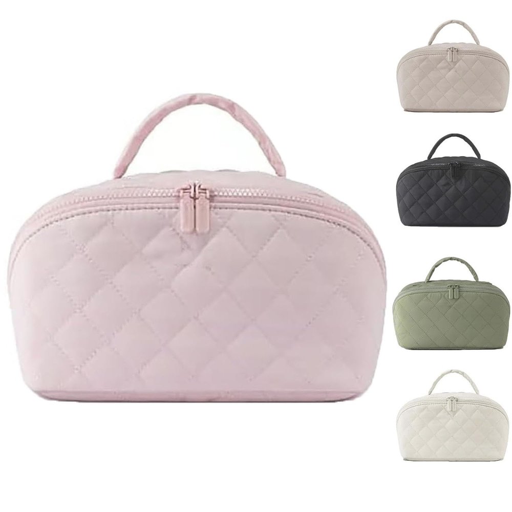 2026 New Travel Makeup Bag For Woman - Wide Open Lay-Flat Water-Resistant Cosmetic Case Lay Flat Makeup Bag With Compartments & Handle(Pink)