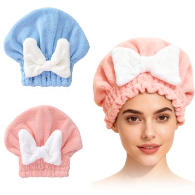 2PCS Super Absorbent Hair Towel Wrap for Wet Hair,Microfiber Hair Drying with Caps Bow Design,2026 New Fast Drying Hair Turban Wrap Towels Shower Cap for Girls and Women(Pink, Blue)
