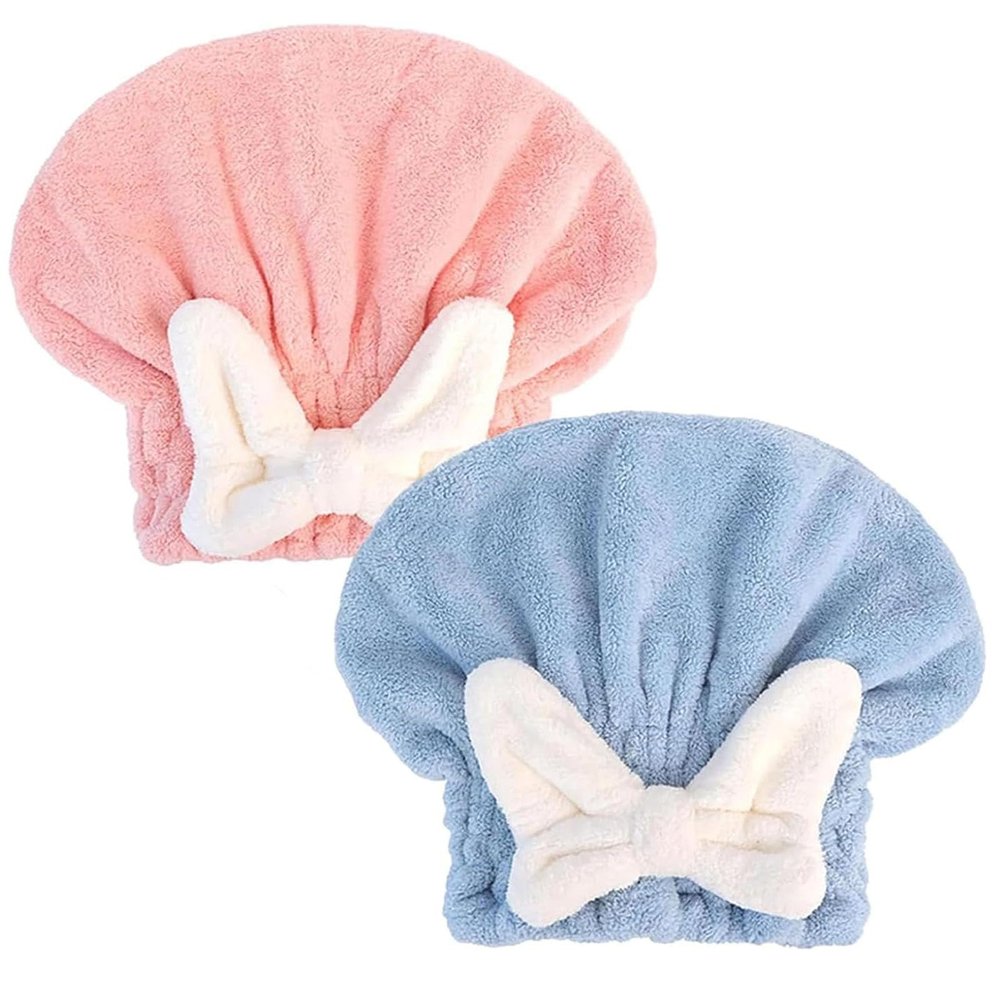 2Pcs Ultra Absorbent Hair Quick Drying Towel, Microfiber Hair Towel, Soft Bow Tie Wet Hair Towels Wrap for Long Curly Hair Women (Pink+Blue) (Traditional)