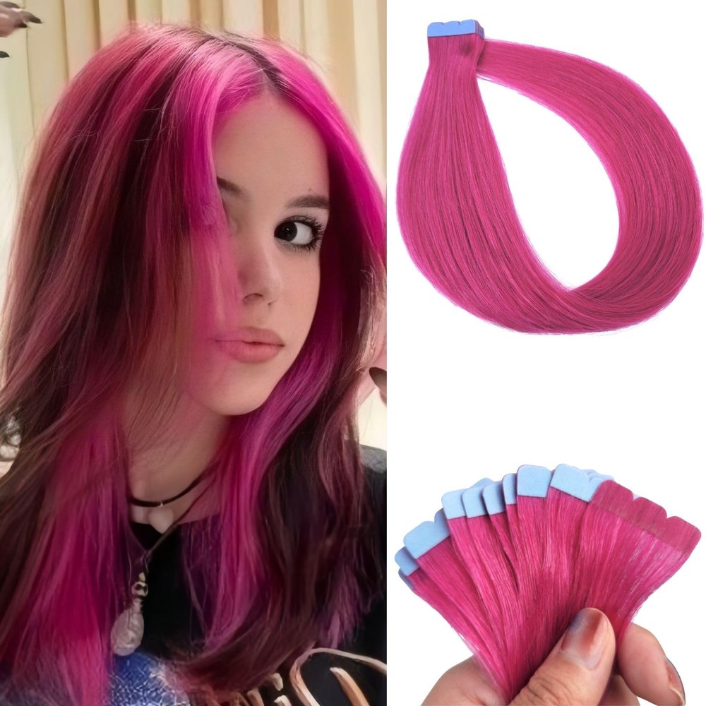 Hot Pink Tape in Hair Extensions Human Hair Invisible Seamless Mini Tape ins Human Hair Extensions for Women