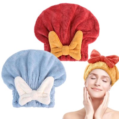 New Super Absorbent Hair Towel Wrap for Wet Hair, Microfiber Hair Towel Wrap for Women, Thickened Quick Drying Hair Turban with Cute Bow Tie, Comfortable Hair Drying Cap for Adults & Kids (2Pack D)