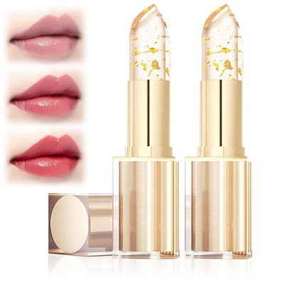 2PCS Transferproof Color Changing Lipstick, Clear Gold Crystal Colors Changing Lipsticks for Women, Long Lasting Moisturizing Glossy Shine Lip Gloss, Deep Nourishment Formula