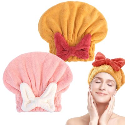 New Super Absorbent Hair Towel Wrap for Wet Hair, Microfiber Hair Towel Wrap for Women, Thickened Quick Drying Hair Turban with Cute Bow Tie, Comfortable Hair Drying Cap for Adults & Kids (2Pack C)