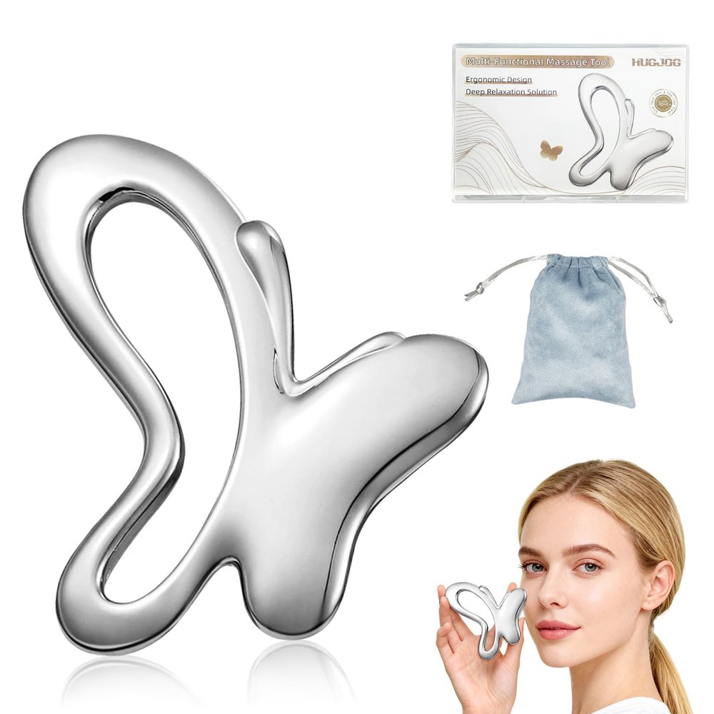 Butterfly Metal Gua Sha Facial Tool & Face Massager  Upgraded Manual Skin Care Tool for Face Shaping, Relaxation & Daily Beauty Routine  Giftable Set with Velvet Pouch and Clear PP Storage Case
