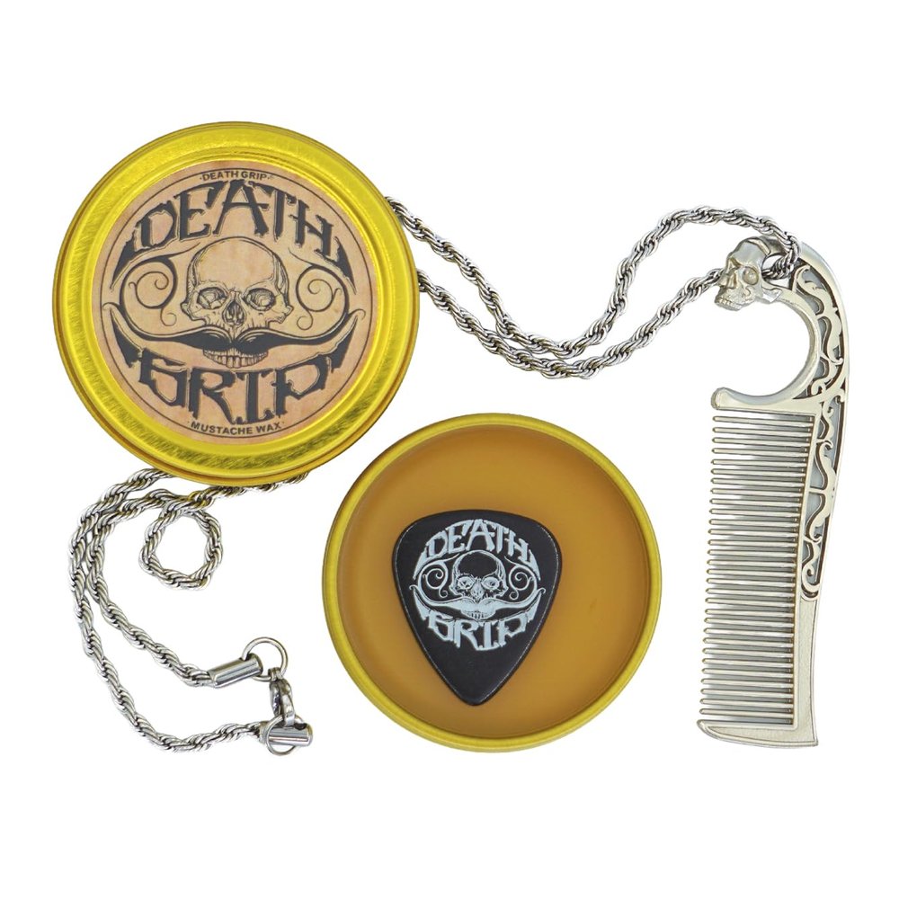 Mustache Wax Extra Strong Hold Death Grip 1 oz Tin & Necklace Death Grip Mustache Comb Mens Combo Kit - Grooming For Men Handlebar Moustache