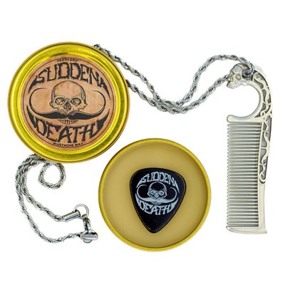 Mustache Wax Strong Hold No Heat Required Sudden Death 1 oz Tin & Necklace Death Grip Mustache Comb Mens Combo Kit - Grooming For Men Handlebar Moustache