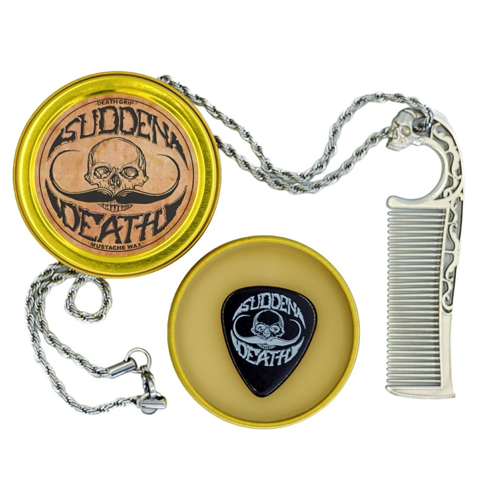 Mustache Wax Strong Hold No Heat Required Sudden Death 1 oz Tin & Necklace Death Grip Mustache Comb Mens Combo Kit - Grooming For Men Handlebar Moustache