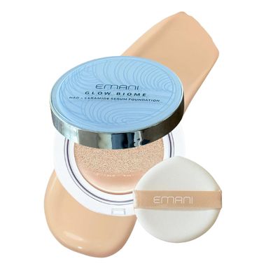 Emani Glow Biome NAD+ Serum Foundation for Sensitive Skin, Lightweight Skin-Like Coverage, With Vitamin C, Peptides, Ceramides, Avocado Oil, Refillable Compact, 0.63 fl oz, Light Glow