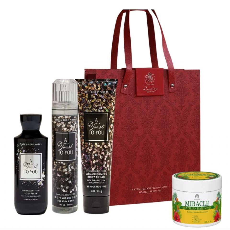 A TOAST TO YOU -White BarnBath Body/Work - HOLIDAY COLLECTION - 3 Full Size and Holiday NEW Gift Bag With MIRACLE BRAZILIAN HAIR MASK (Packaging May Vary)