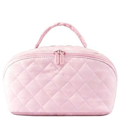 2026 New Travel Makeup Bag for Women, Wide Open Lay-Flat Cosmetic Case with Puffy Padded Compartments, Water-Resistant Large Capacity Organizer for Toiletries & Brushes (Pink)