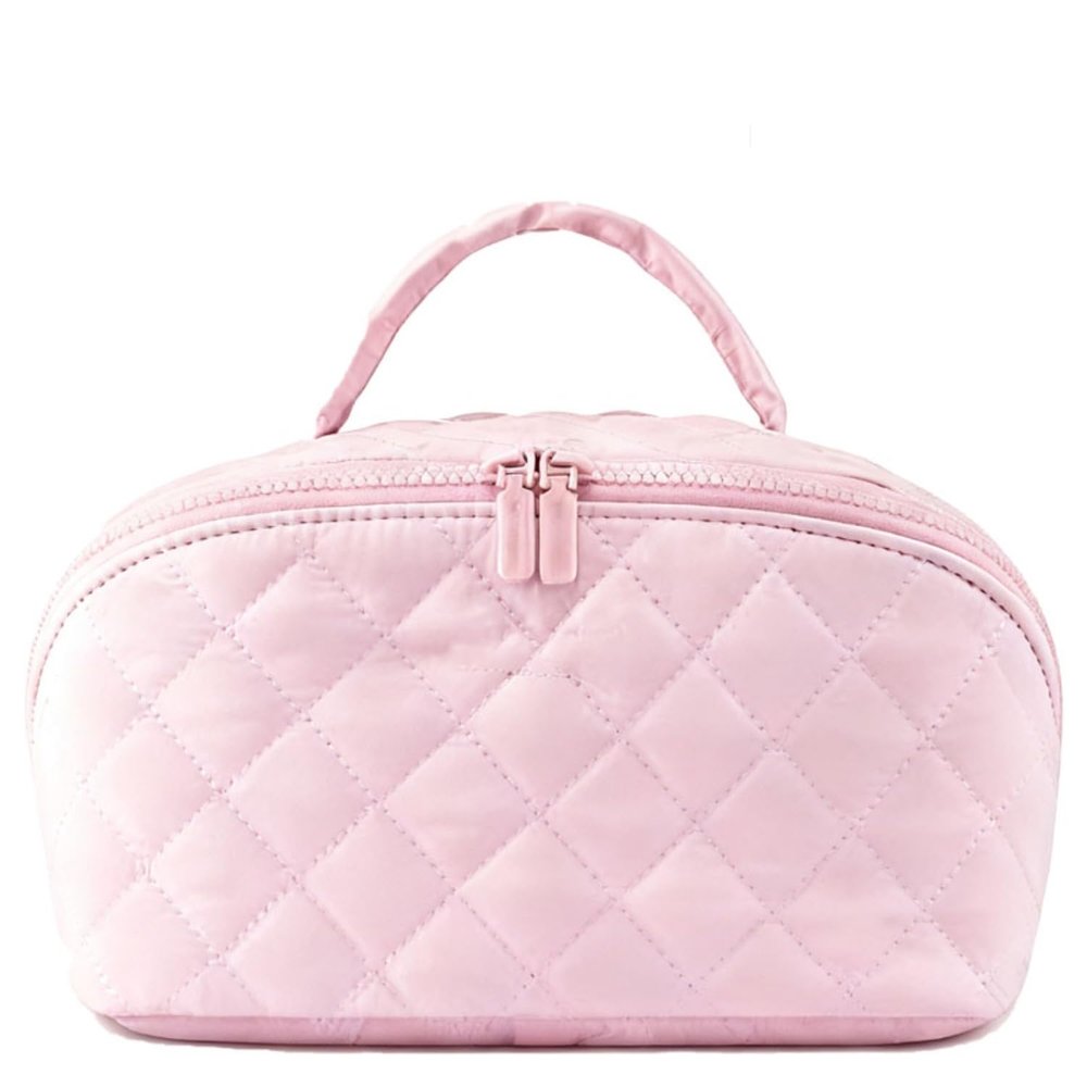 2026 New Travel Makeup Bag for Women, Wide Open Lay-Flat Cosmetic Case with Puffy Padded Compartments, Water-Resistant Large Capacity Organizer for Toiletries & Brushes (Pink)
