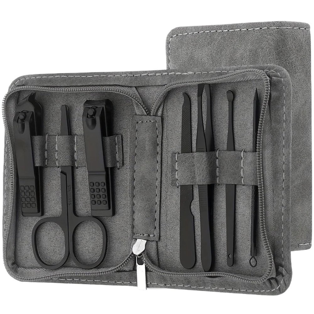 7 in 1 Nail Clippers and Beauty Tool Portable Set Stainless Steel Manicure Set with Gray Leather Bag