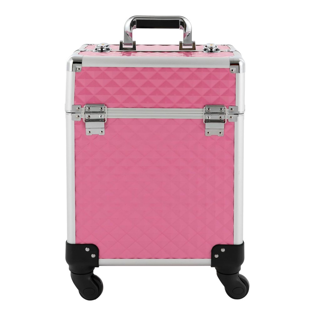 Professional Pink Makeup Case, Multi-Layer Trolley Cosmetic Box, Lockable Nail Storage with Extendable Handle, Adjustable Dividers for Brushes & Pigments, Lightweight Train Case for Salon, Tattoo