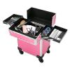 Professional Pink Makeup Case, Multi-Layer Trolley Cosmetic Box, Lockable Nail Storage with Extendable Handle, Adjustable Dividers for Brushes & Pigments, Lightweight Train Case for Salon, Tattoo view 2