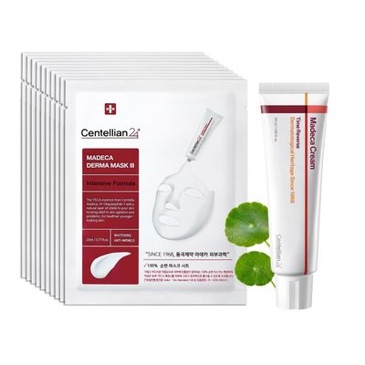 CENTELLIAN 24 Madeca Cream Time Reverse 50ml + Madeca Derma Mask 3(Intensive) 10pc  Hydrating, Firming, Wrinkle Care Set with Centella Asiatica, TECA & Madecassoside for nourished, soothed