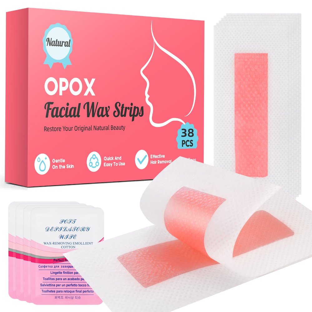 OPOX 38PCS Facial Wax Strips for Hair Removal, Facial Hair Removal for Women, Waxing Kit for Women's Face, Bikini, Chest, Body, Arms, Legs, Back | 38ct Waxing Strips & 4 calming Oil Wipes